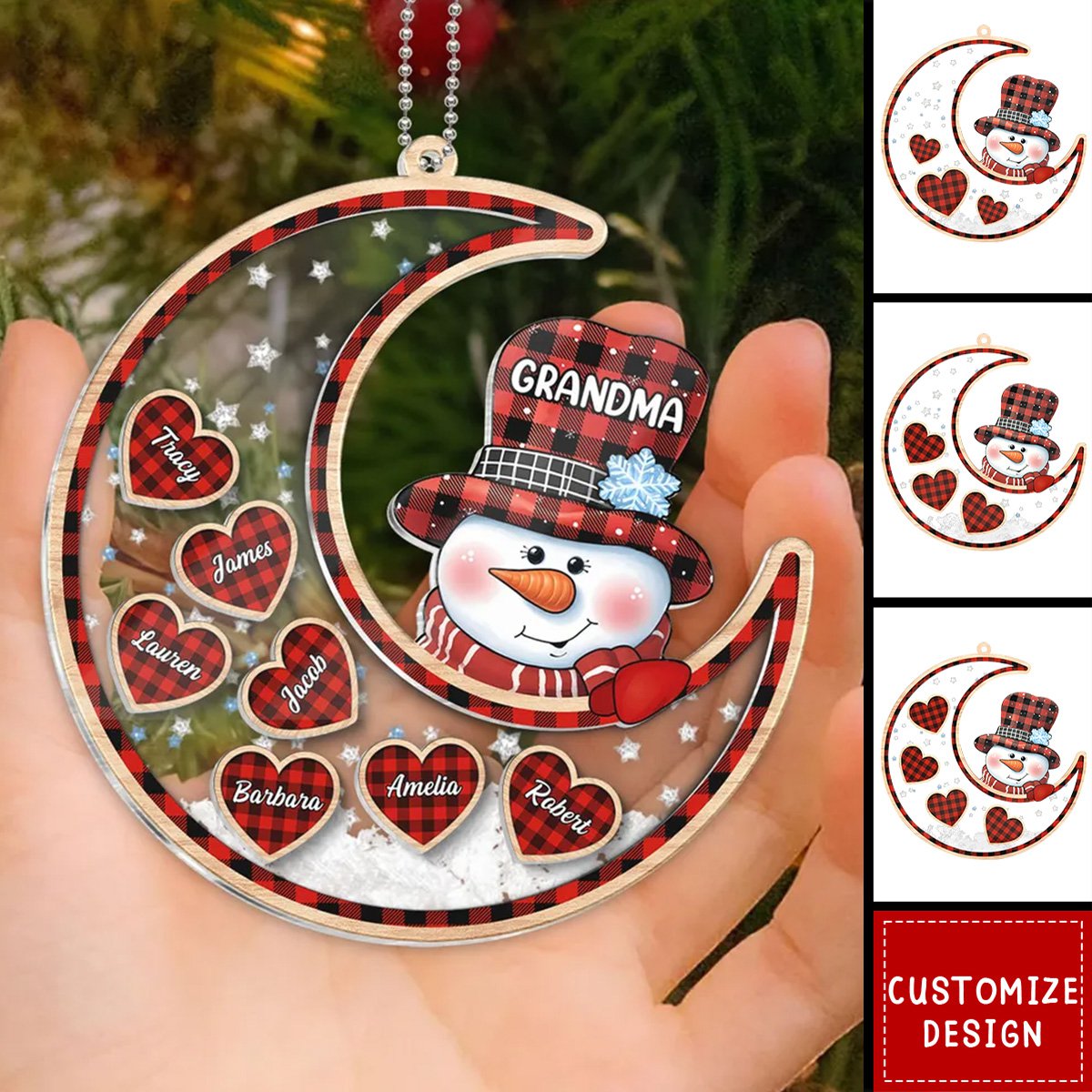 2024 New Release Grandma Snowman On Moon Personalized Shaker Ornament, Christmas Gift For Grandma & Grandchildren