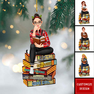 Girl Sitting On Stack Of Books Reading-Personalized Acrylic Ornament-Gift For Book Lovers-2024 New Release