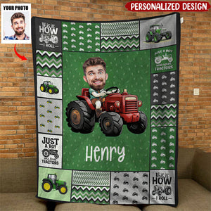 Custom Face Boy Loves Tractors - Personalized Photo Blanket