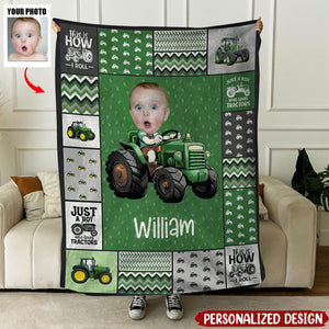 Custom Face Boy Loves Tractors - Personalized Photo Blanket