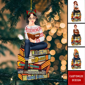 Girl Sitting On Stack Of Books Reading-Personalized Acrylic Ornament-Gift For Book Lovers-2024 New Release