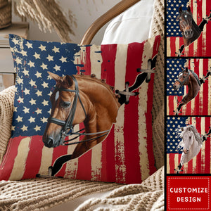 Personalized America Flag Horse Pillow - Gift For Horse Lovers