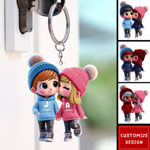 Cute Cartoon Couple Walking Personalized Acrylic Keychain-Gift For Couple