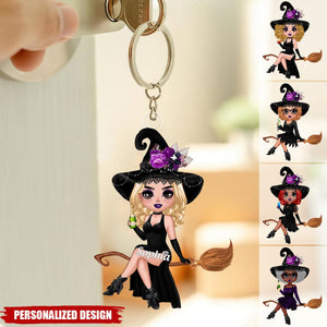 Witch Riding Broom Mystical Girl-Personalized Acrylic Keychain-Best Personalized Halloween Gift