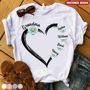 Personalized Flower Daisy Color Grandma Heart T-Shirt