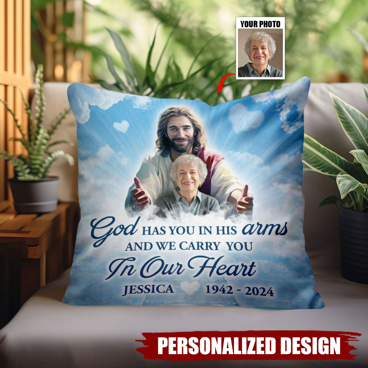 God Has You In His Arm-Personalized Memorial Pillow-Gift For Friends Family