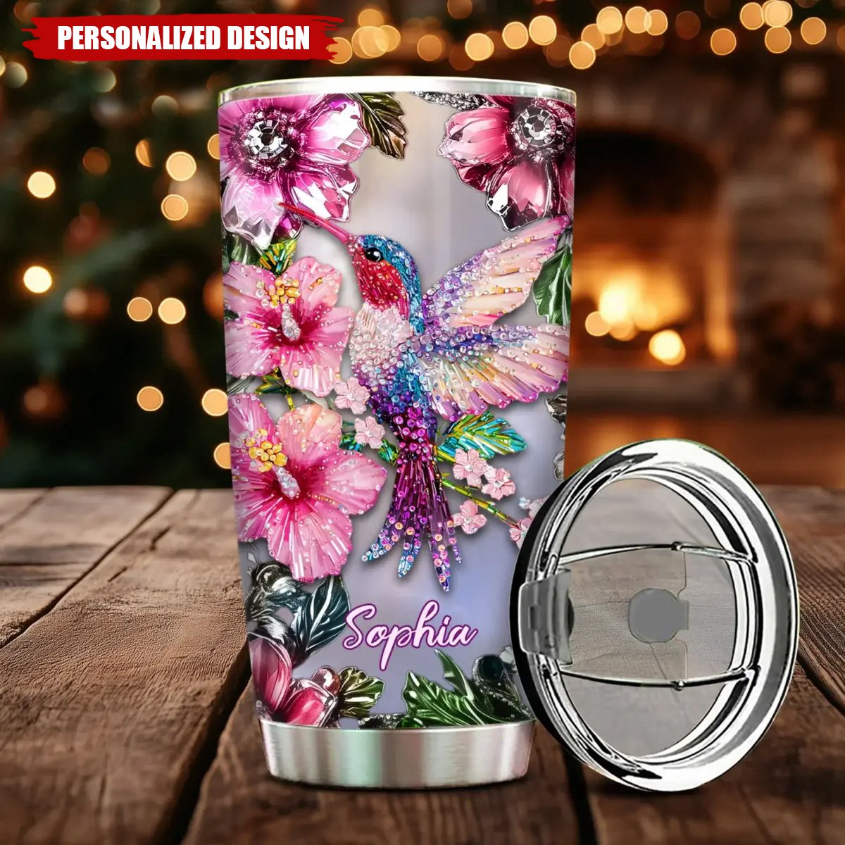 Sparkling Floral Hummingbird-Personalized Tumbler-Gift For Family,Friends