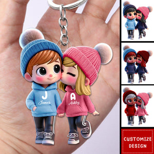 Cute Cartoon Couple Walking Personalized Acrylic Keychain-Gift For Couple