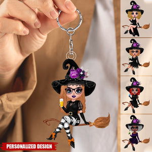 Witch Riding Broom Mystical Girl-Personalized Acrylic Keychain-Best Personalized Halloween Gift