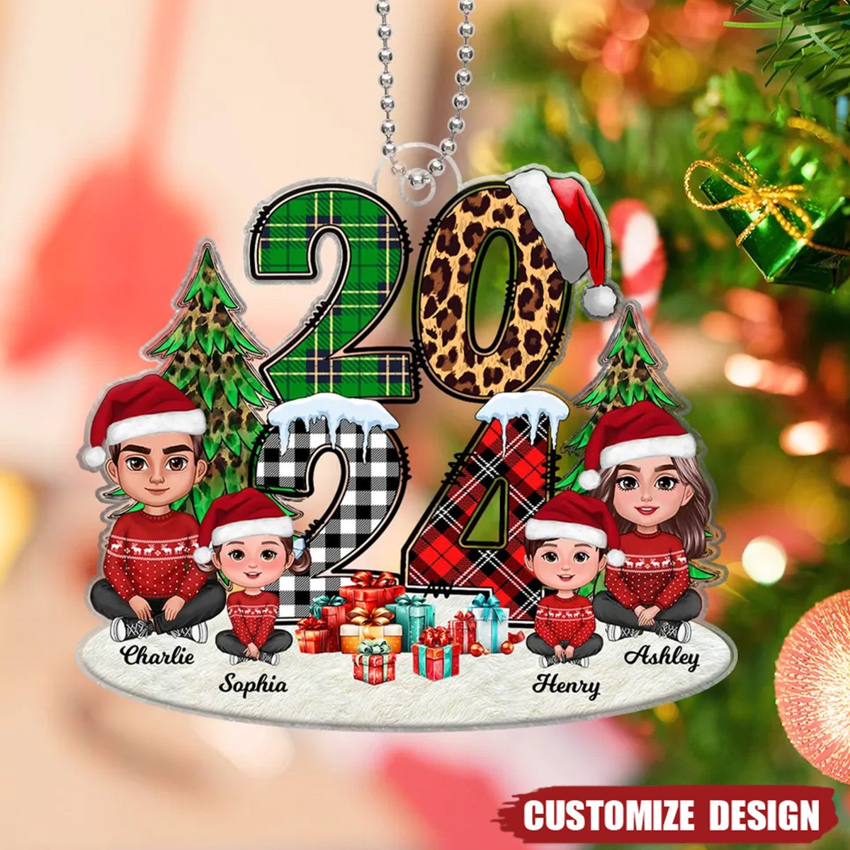 Christmas Family Sitting 2024 Stacked Pattern Personalized Acrylic Ornament