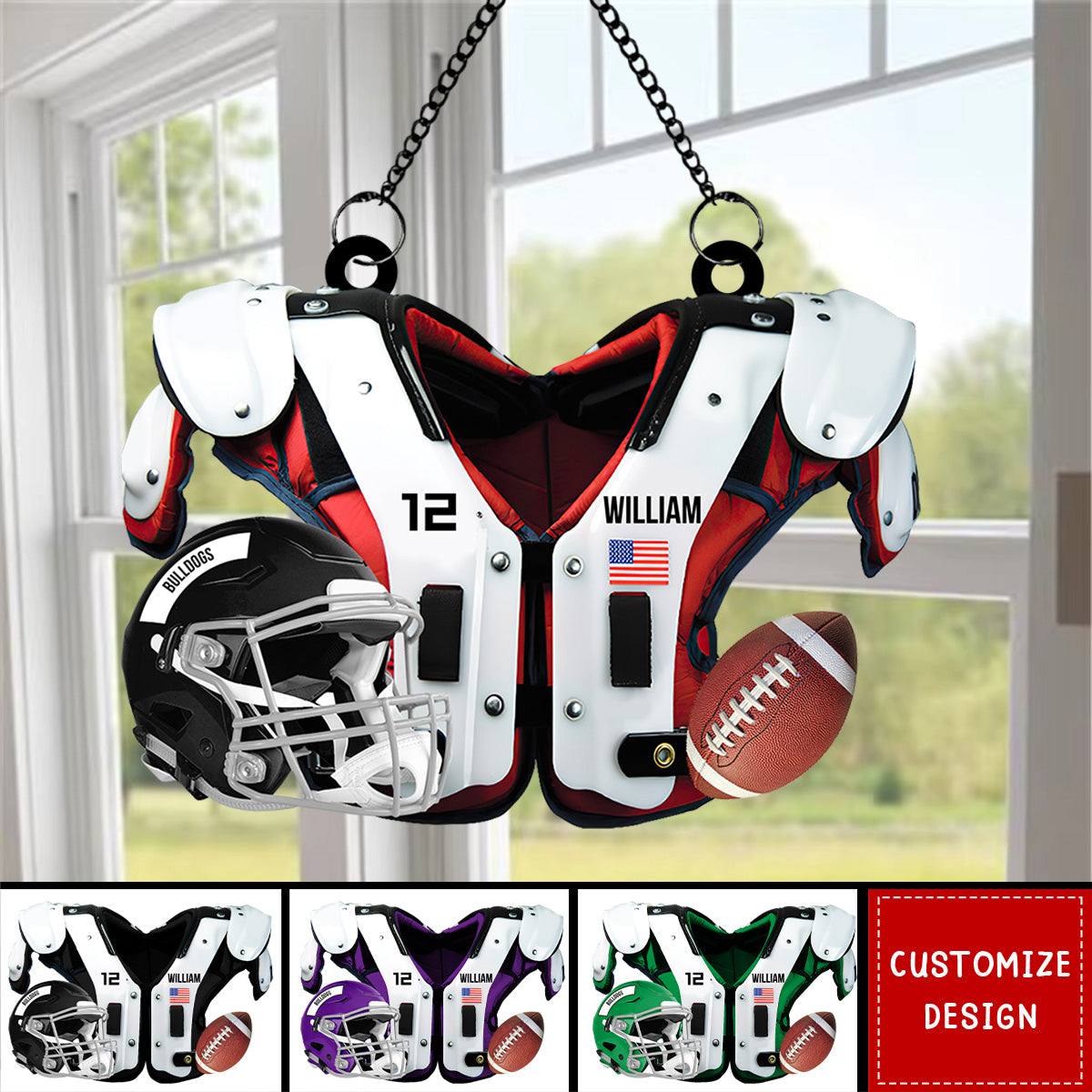 Personalized American Football Shoulder Pads And Helmet Window Hanging Suncatcher Ornament - Gift For American Football