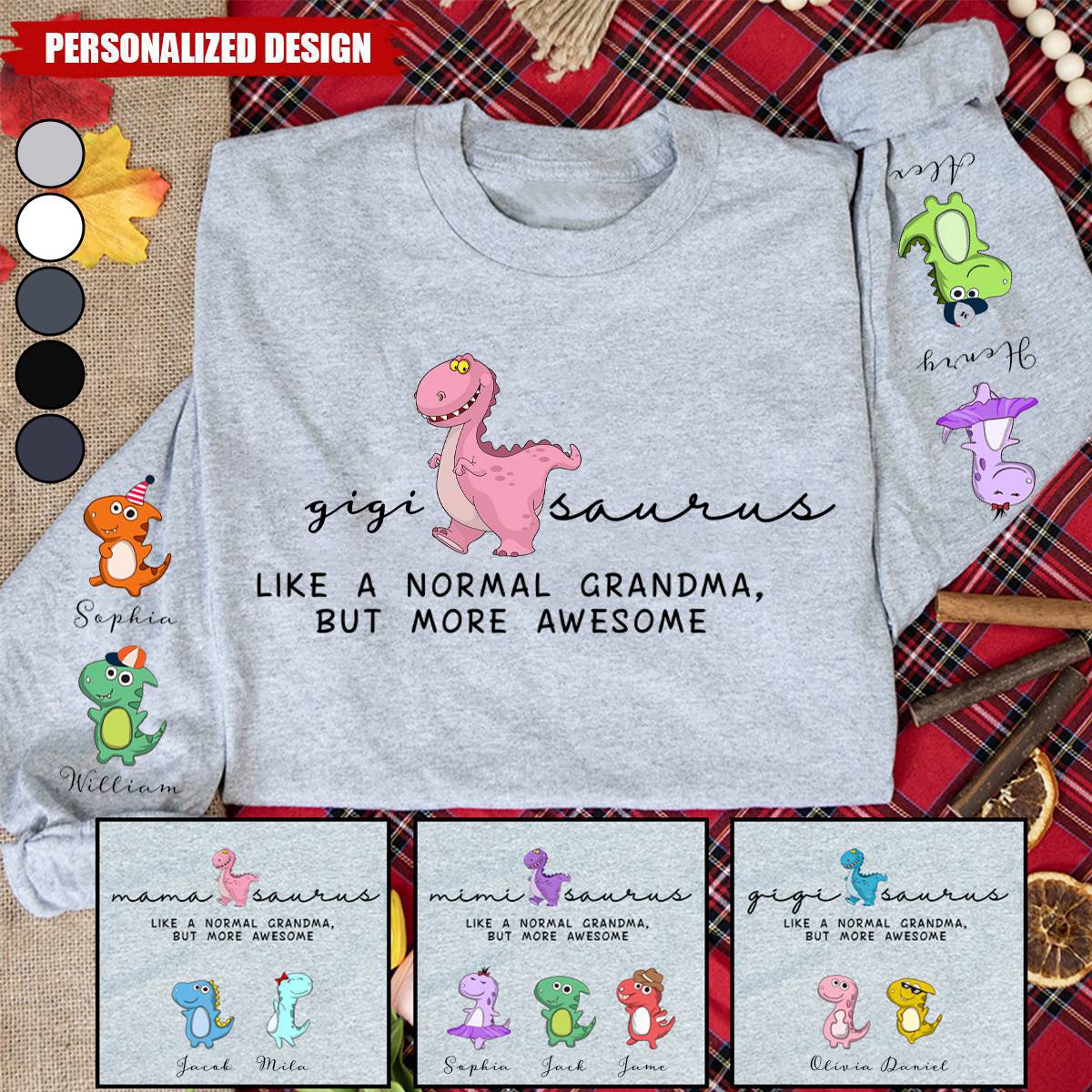 Nana Saurus and Grandkids on the sleeve-Personalized  Longsleeve