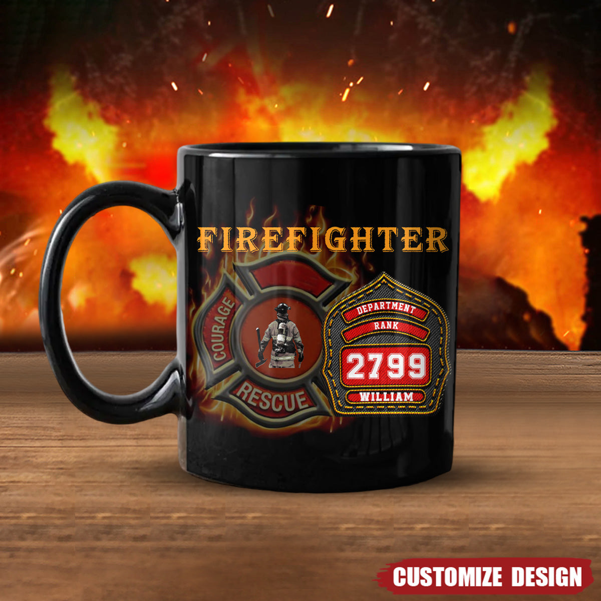 Personalized Firefighters Mug With Department, Rank, Badge Number And Your Name, Fire Dept Cap, Fireman Gifts