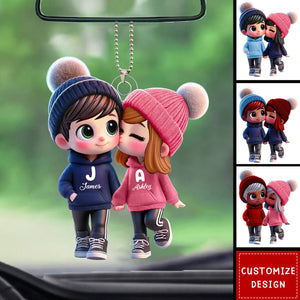 Cute Cartoon Couple Walking Personalized Car Ornament-Gift for Couple