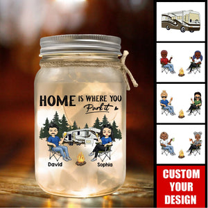 Camping Partners For Life Doll Couple Sitting-Personalized RV Mason Jar Light-Gift For Camping Lovers