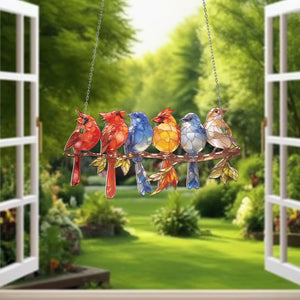 Six Little Bird on Branch - Window Hanging Suncatcher