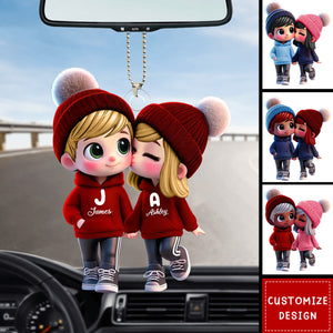 Cute Cartoon Couple Walking Personalized Car Ornament-Gift for Couple