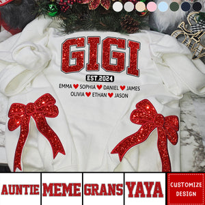 Personalized Gigi Est Glitter And Kids Christmas Bow Embellished Sweatshirt - Custom Side Bow Cut-Out Sweatshirt