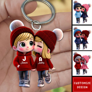 Cute Cartoon Couple Walking Personalized Acrylic Keychain-Gift For Couple