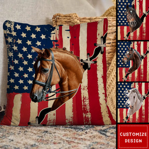 Personalized America Flag Horse Pillow - Gift For Horse Lovers