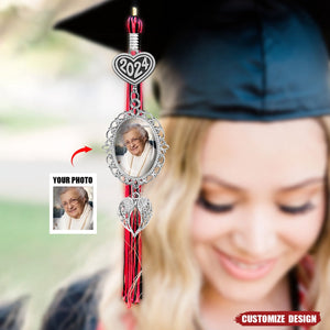 Personalized Graduation Tassel Photo Charm with Angel Wings - Memorial Graduation Gift