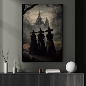 Three Witches Convene By The Haunted Castle Halloween Poster-Wall Art Decor - Dark Surreal Mythical Witch Halloween Poster Print