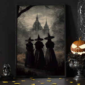 Three Witches Convene By The Haunted Castle Halloween Poster-Wall Art Decor - Dark Surreal Mythical Witch Halloween Poster Print