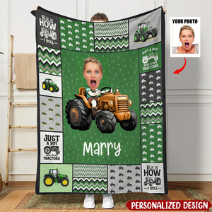 Custom Face Boy Loves Tractors - Personalized Photo Blanket