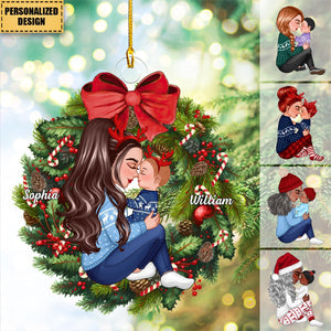 2024 New Release Grandma Mom Hugging Kid Sitting On Christmas Wreath-Personalized Acrylic Ornament