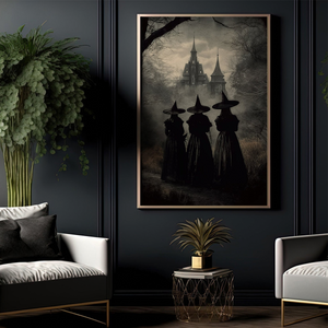 Three Witches Convene By The Haunted Castle Halloween Poster-Wall Art Decor - Dark Surreal Mythical Witch Halloween Poster Print