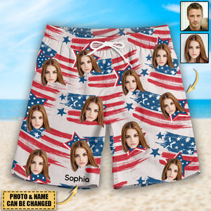 Custom Photo Stars, Stripes - Dog & Cat/Boy&Girl Personalized Custom Patriotic Men Beach Shorts - Independence Day, 4th Of July,Gift For Pet Lovers