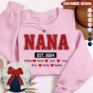 Personalized Gigi Est Glitter And Kids Christmas Bow Embellished Sweatshirt - Custom Side Bow Cut-Out Sweatshirt