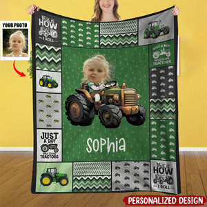 Custom Face Boy Loves Tractors - Personalized Photo Blanket