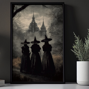 Three Witches Convene By The Haunted Castle Halloween Poster-Wall Art Decor - Dark Surreal Mythical Witch Halloween Poster Print