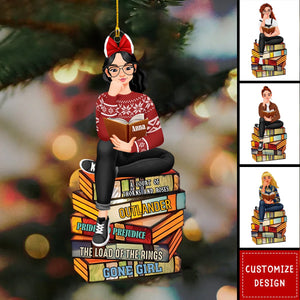 Girl Sitting On Stack Of Books Reading-Personalized Acrylic Ornament-Gift For Book Lovers-2024 New Release