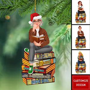 Girl Sitting On Stack Of Books Reading-Personalized Acrylic Ornament-Gift For Book Lovers-2024 New Release