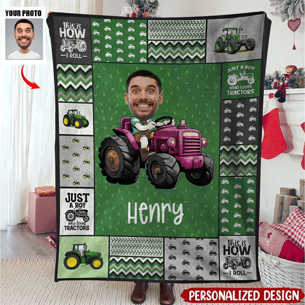 Custom Face Boy Loves Tractors - Personalized Photo Blanket