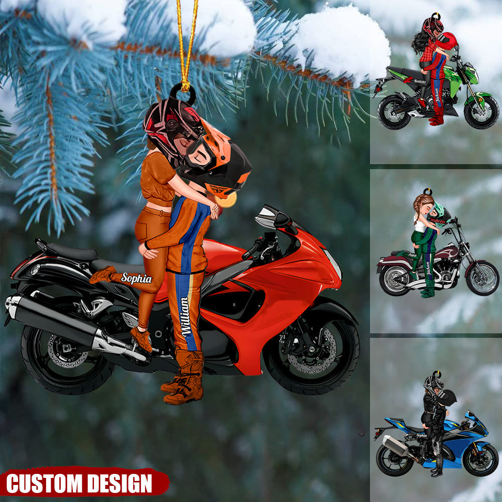 Personalized Ornament - Motorcycle Kissing Doll Couple