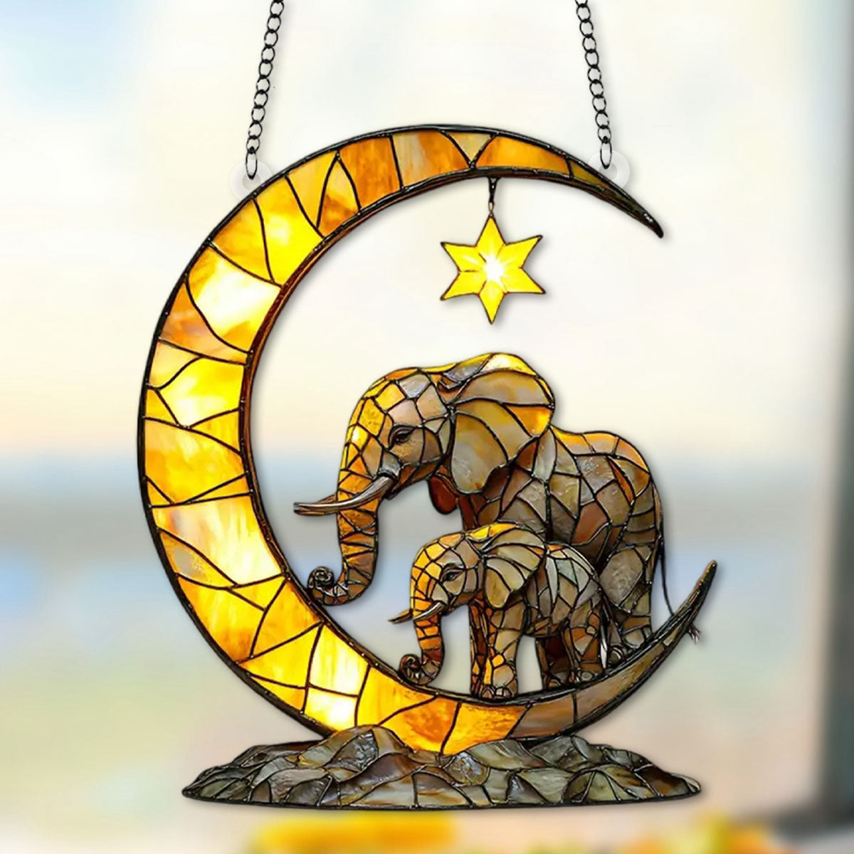 Elephant Family & Moon Suncatcher, Gift for Wildlife Enthusiasts and Elephant Lovers