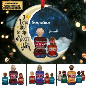 Family - Grandma/Mom And Grandkids Sitting On The Moon - Personalized Circle Ornament