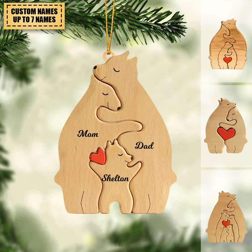 Bear Family Personalized Whitewash Wood Ornament