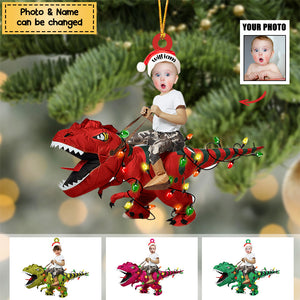 Personalized Cute Kid Rides The Dinosaurus Christmas Light Ornament