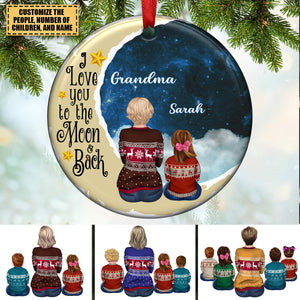 Family - Grandma/Mom And Grandkids Sitting On The Moon - Personalized Circle Ornament