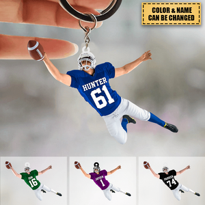 Personalized American Football Player Jumping Keychain