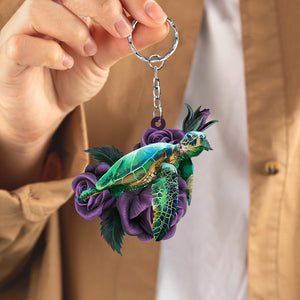 Sea Turtle On Purple Rose Acrylic Keychain