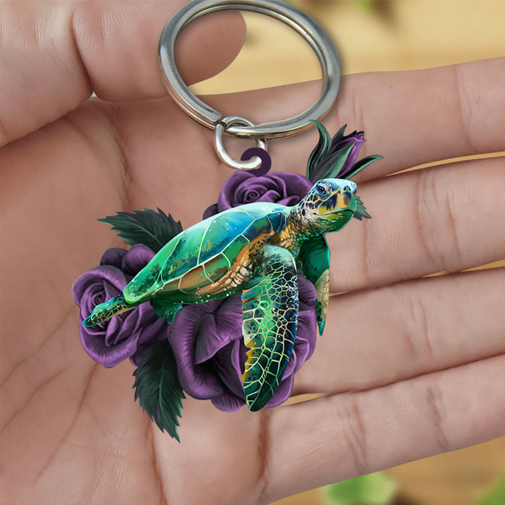 Sea Turtle On Purple Rose Acrylic Keychain