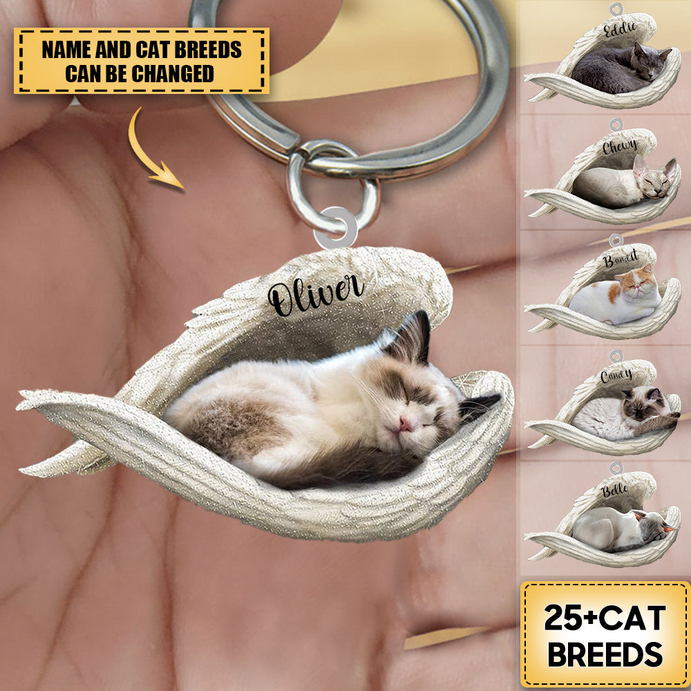 Personalized Stainless Cat Sleeping Angel Keychain-Great Gift Idea For Cat Lovers