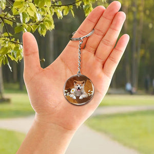 New Akita Inu Holding Daisy-Round Resin Epoxy Metal Keychain