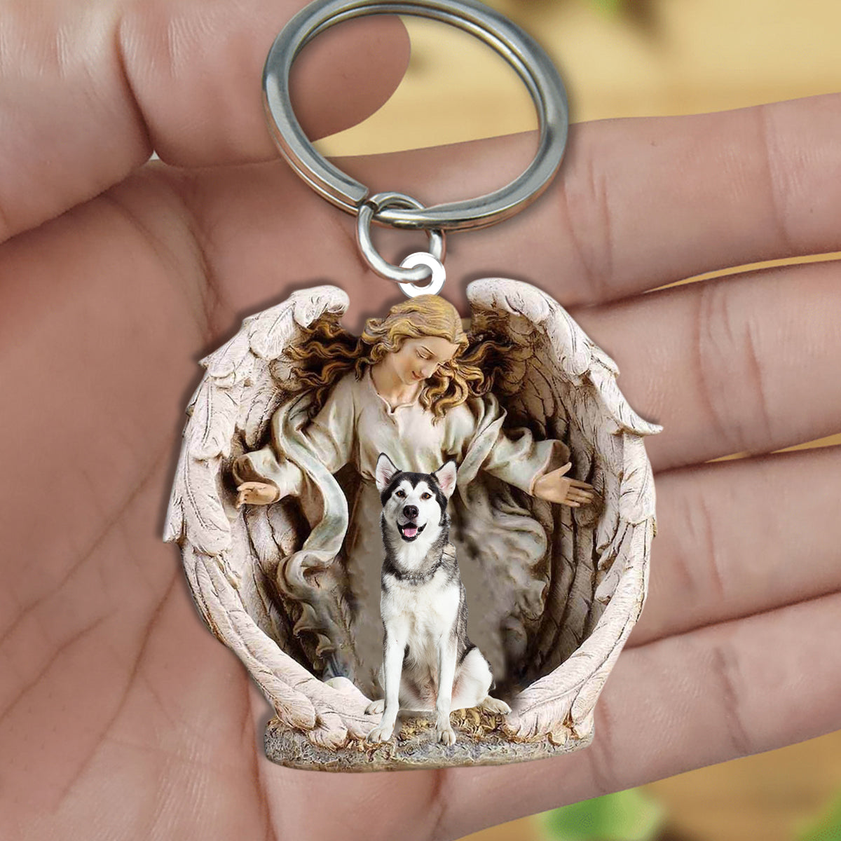 Angel Hug Alaskan Malamute Acrylic Keychain