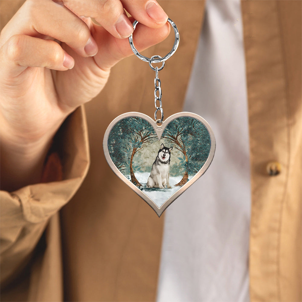 Alaskan Malamute Among Forest Heart Shape Stainless Steel Keychain